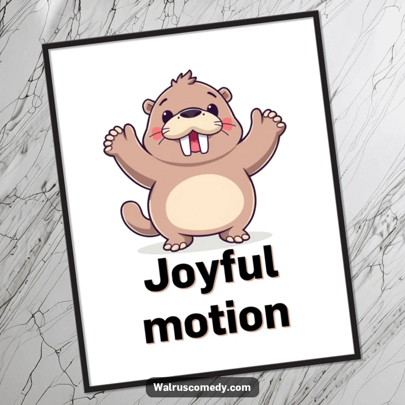 Funny walrus dancing with flippers in the air poster, joyful wall art featuring a happy sea creature, excellent for any room.