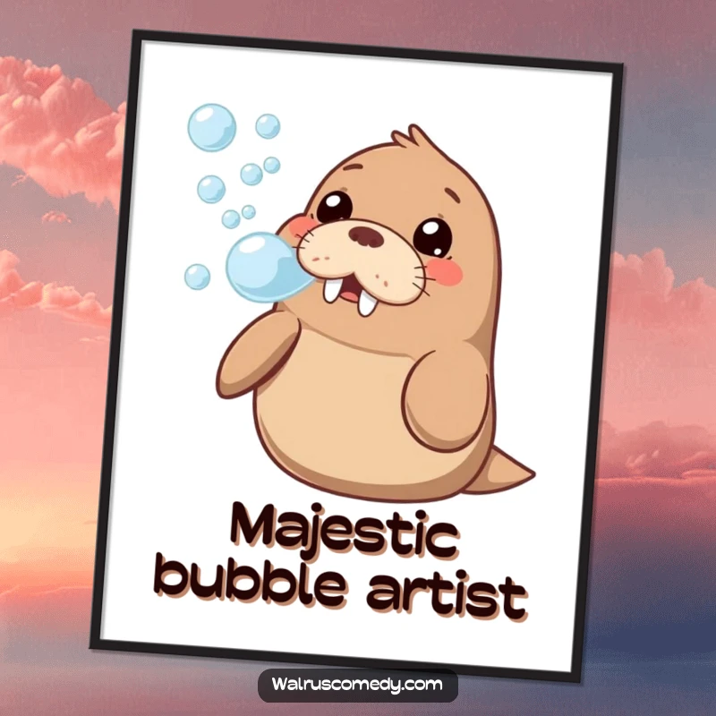 Funny kawaii walrus playfully blowing a stream of iridescent bubbles, radiating happiness and curiosity, perfect for wall decor.