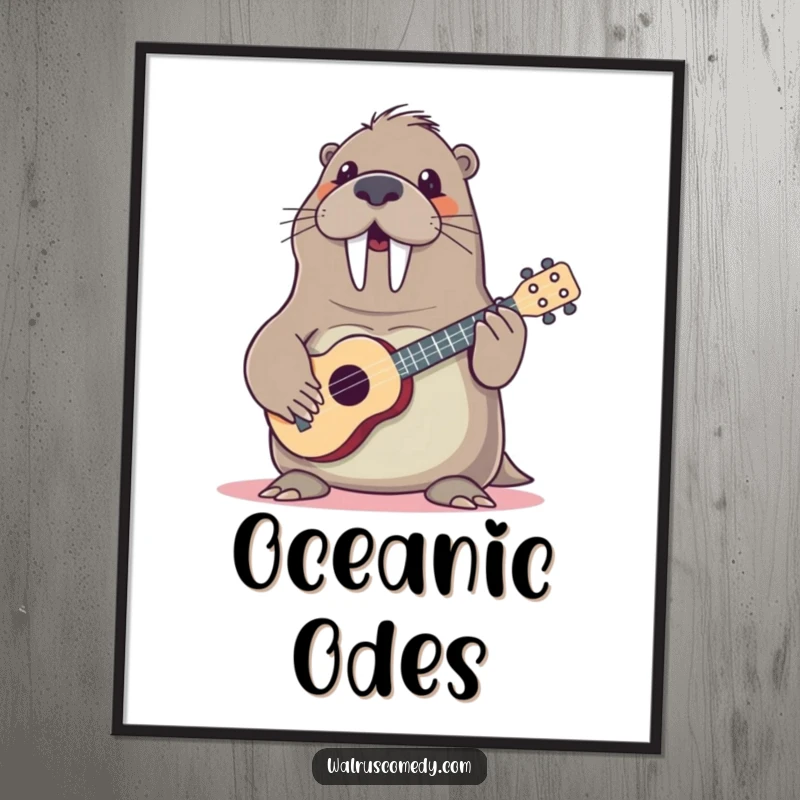 Funny walrus playing ukulele, vibrant wall art featuring a happy musical sea mammal, cheerful and humorous home decor.