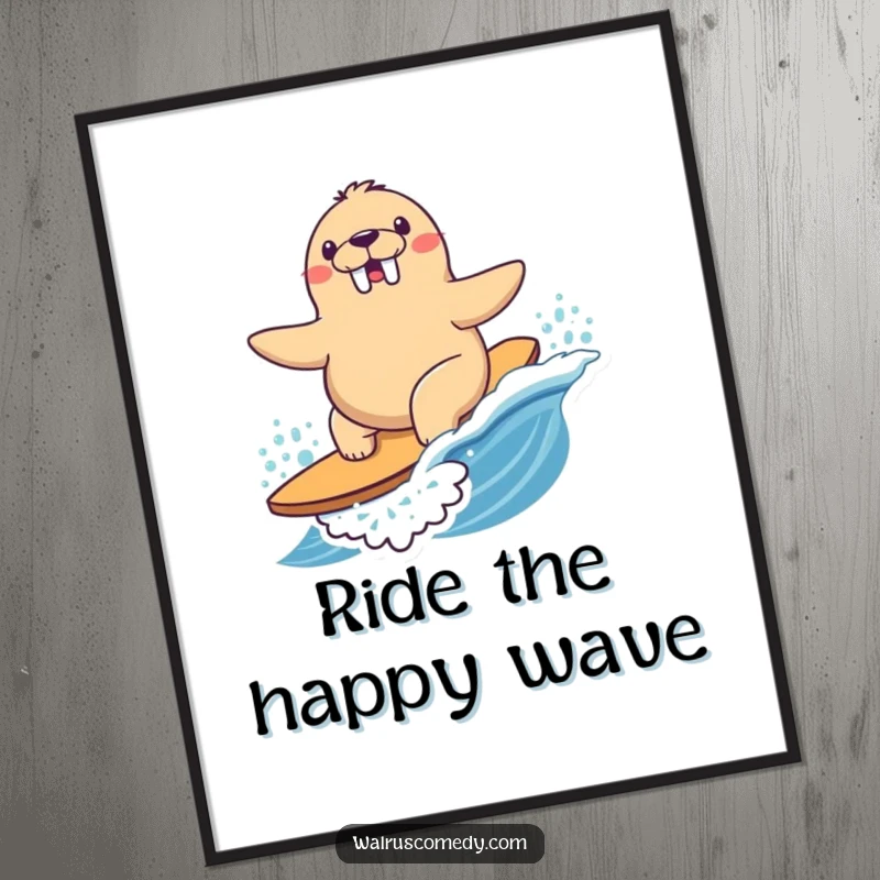 Funny Poster showcasing a Kawaii walrus joyfully surfing a small wave with determined, happy eyes and a playful spirit.