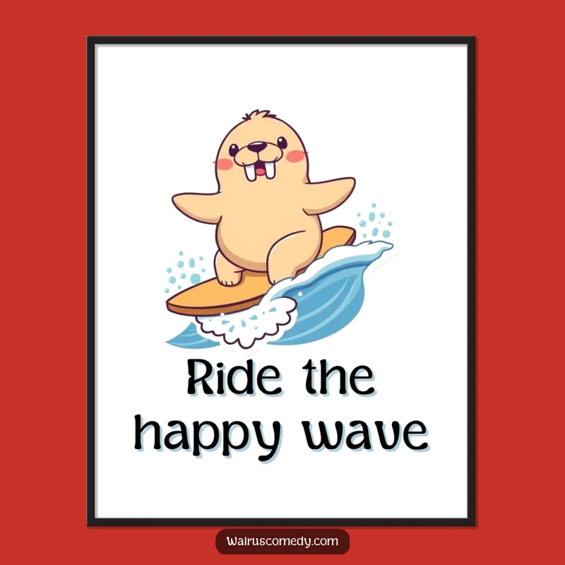 Funny Surfing Walrus Poster - Ocean Joy Art, Hilarious Funny Gift Decor