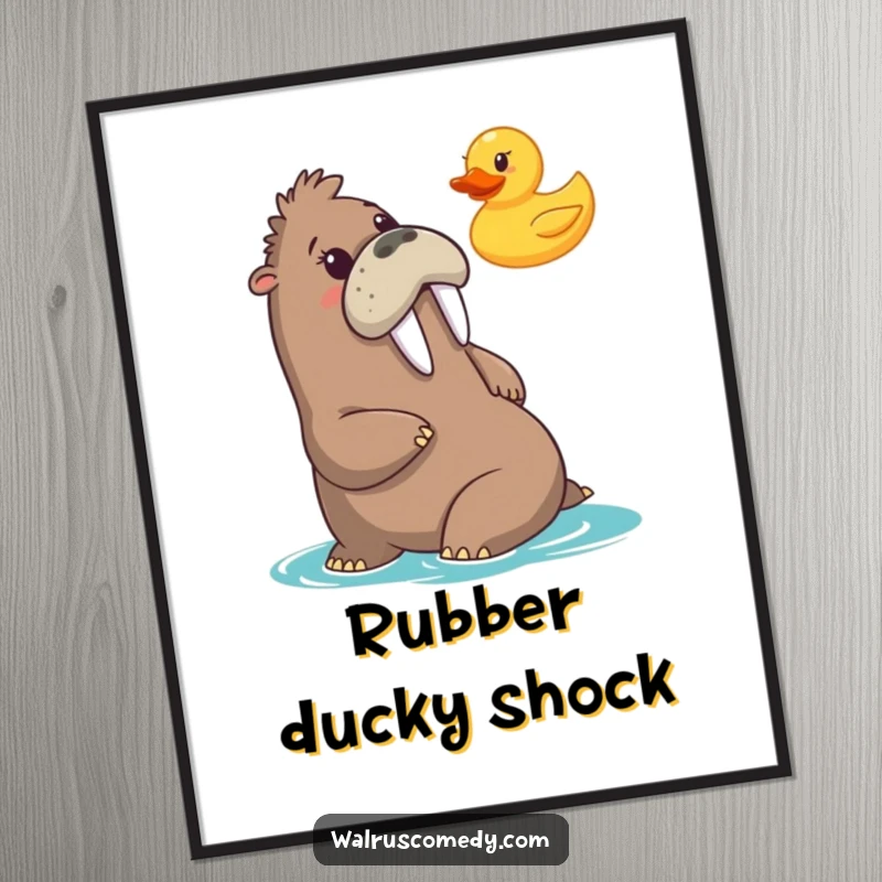 Funny poster illustrating a walrus comically shocked by a floating rubber duck, bringing a humorous, unexpected element to decor.