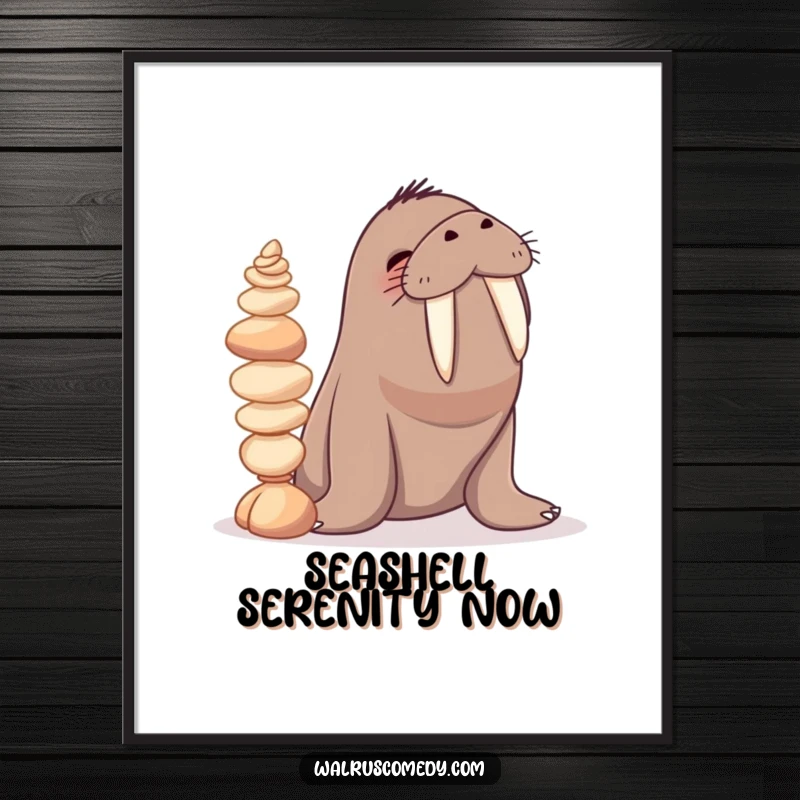Funny poster of a giggling walrus character meticulously balancing a tower of seashells on its tusks, celebrating ocean treasures.