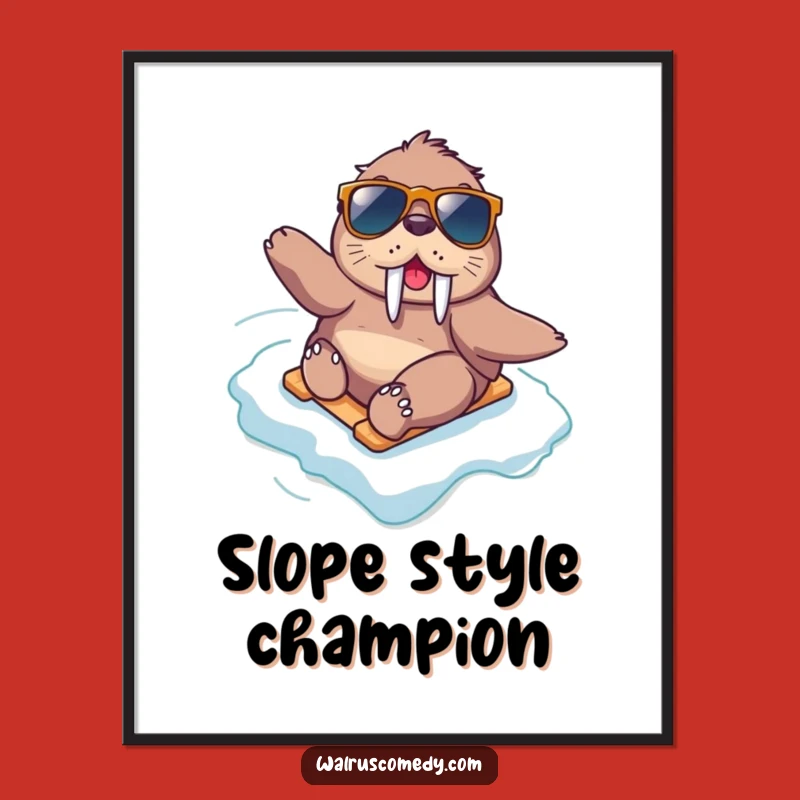 Funny Kawaii Walrus Sliding Poster: Arctic Action Funny Wall Art!
