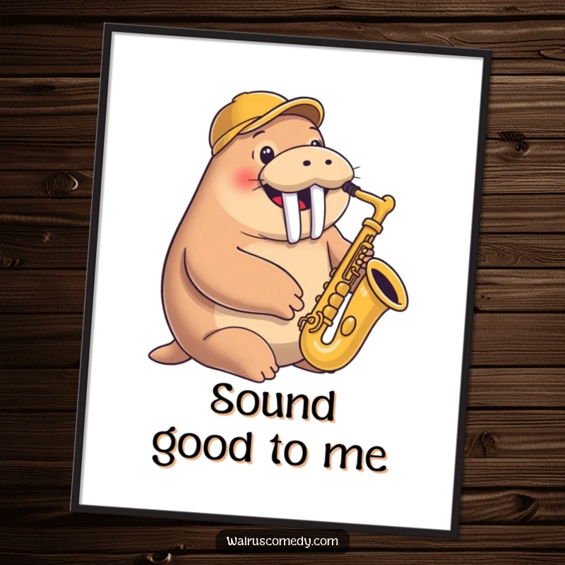 Funny poster of a smiling walrus happily playing a saxophone, wearing a fashionable jaunty cap, exuding musical talent.