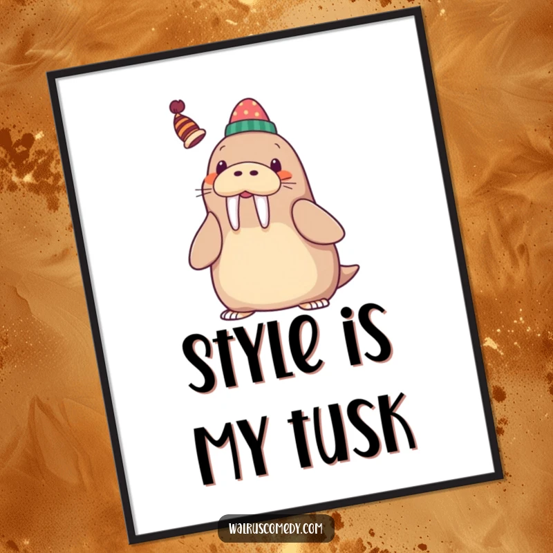 Funny Poster of a kawaii walrus playfully balancing a whimsical hat on its tusk, smiling enchantingly.