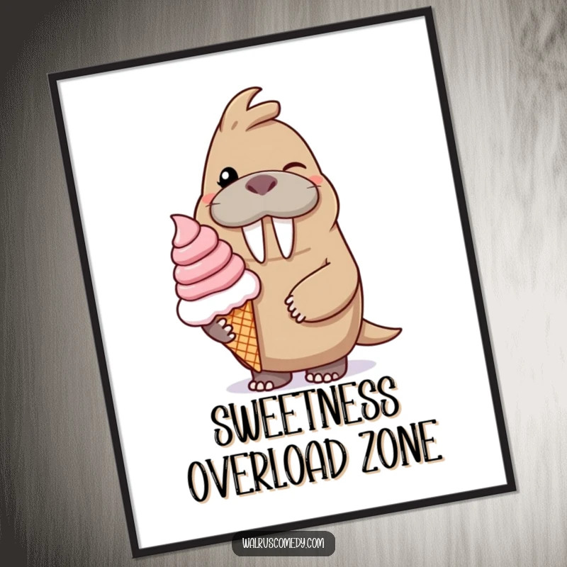 Funny poster of a winking walrus character with a friendly smile offering a giant ice cream cone, symbolizing sweet delight.