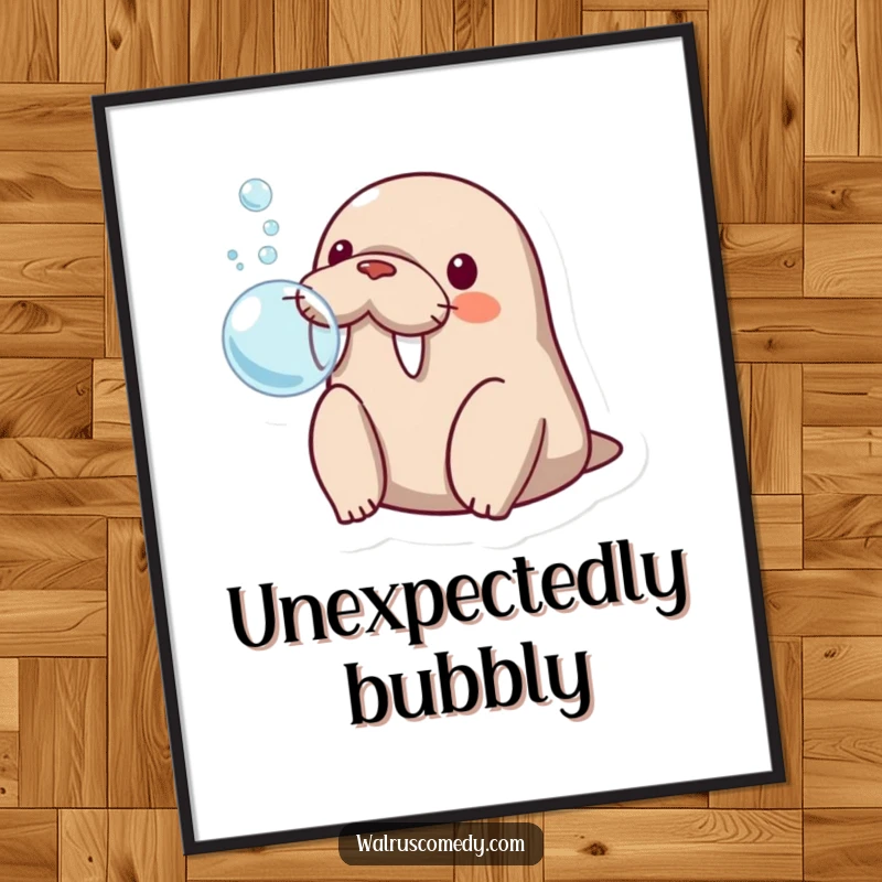 Funny kawaii walrus blowing a bubble with its flippers, eyes wide with surprise, creating a humorous and charming wall art.