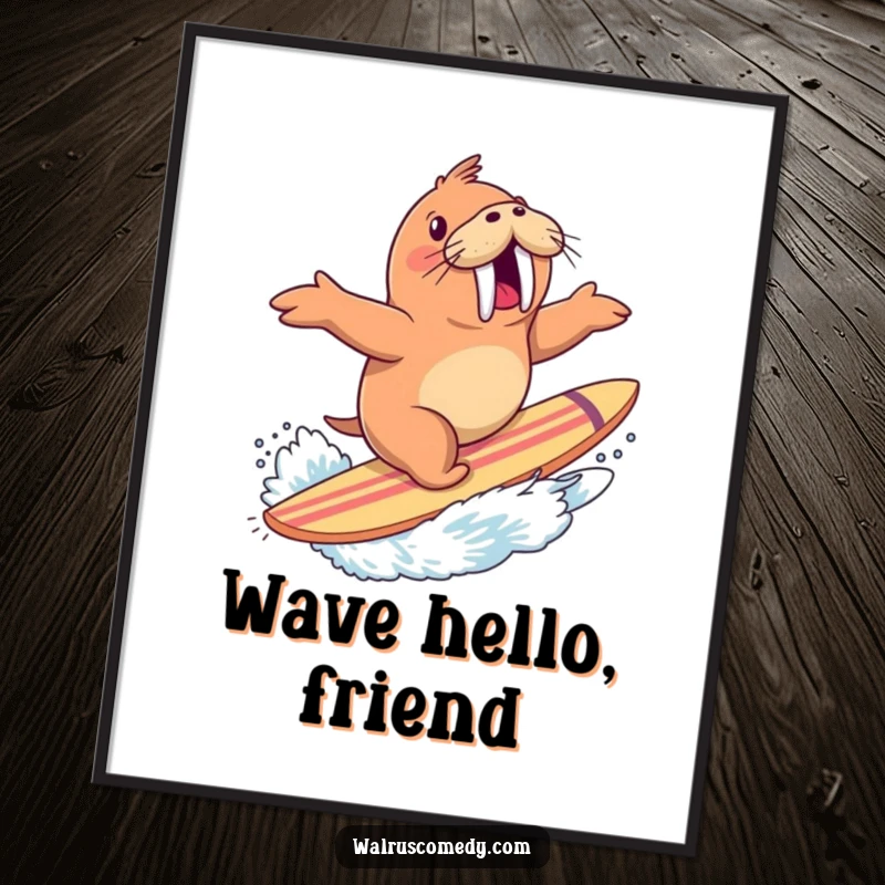 Funny poster of an excited walrus riding a giant surfboard with a significant splash, capturing the exhilarating essence of surfing.