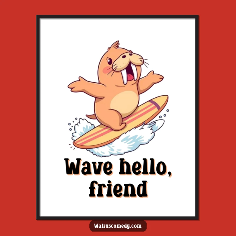 Funny Walrus Surfing Poster: Excited Rider with Splash - Ocean Wall Art Funny Gift