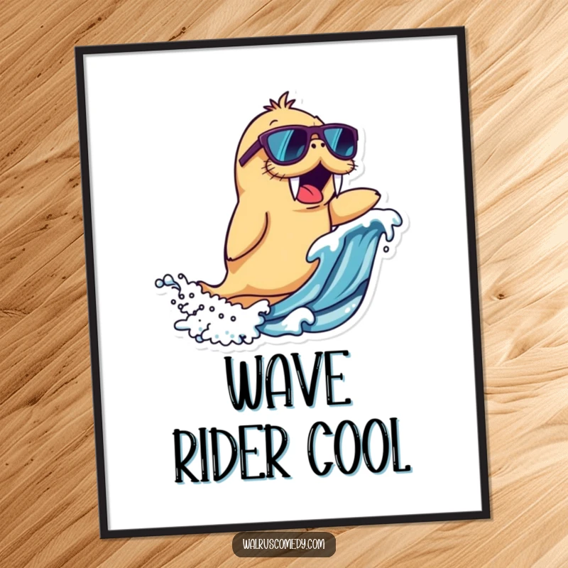 Funny walrus character poster wearing sunglasses, excitedly riding a wave, perfect wall art and a funny gift.