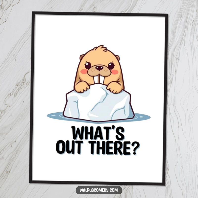 Funny kawaii walrus character with wide, curious eyes peeking from behind a large iceberg, creating a sense of wonder on a poster.