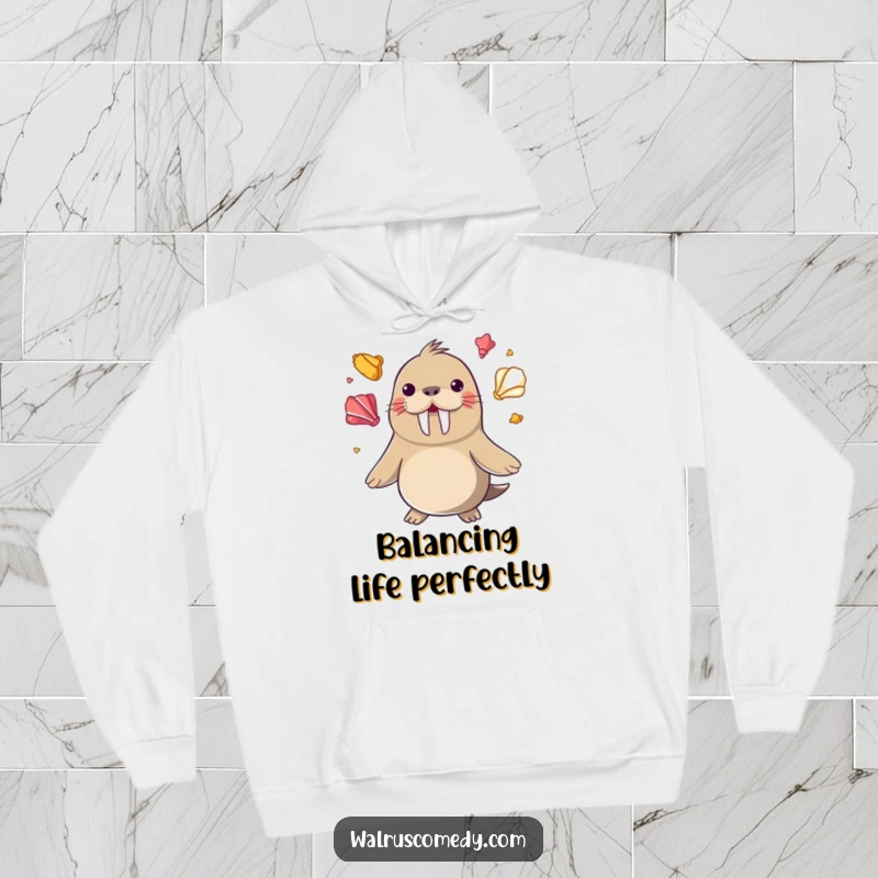 Funny happy walrus juggling colorful seashells with its flippers on a warm hoodie, an entertaining funny gift.