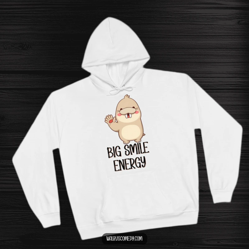 Funny hoodie with a cute kawaii walrus waving enthusiastically with a big smile, perfect for spreading cozy cheer.