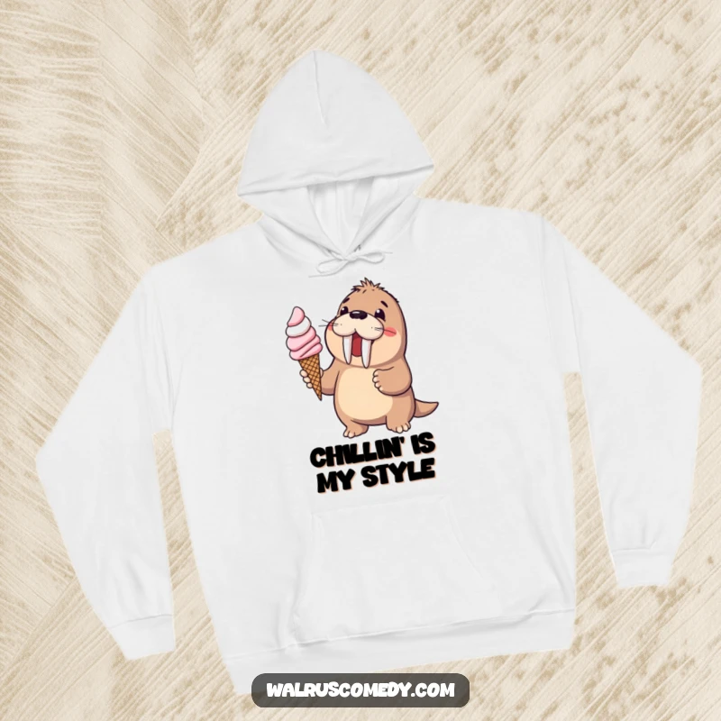 Funny walrus offering ice cream on a cozy hoodie, representing sweet joy and warmth, a wonderful funny gift.
