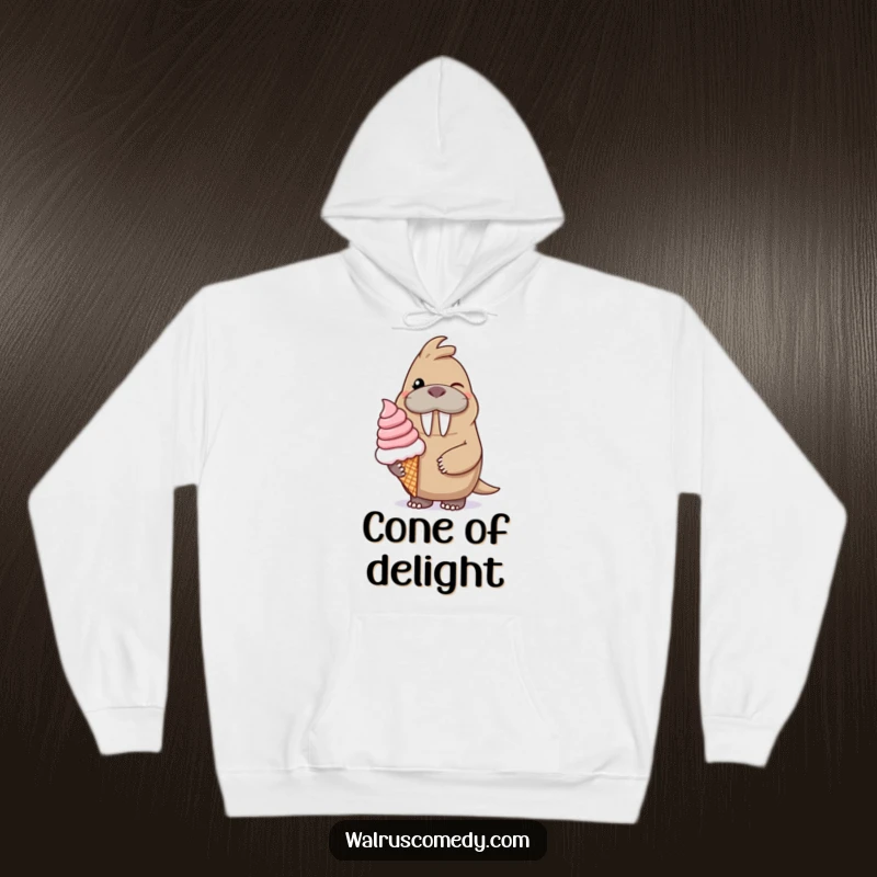 Funny hoodie showcasing a smiling, winking walrus character offering an oversized ice cream cone, radiating warmth and sweetness.