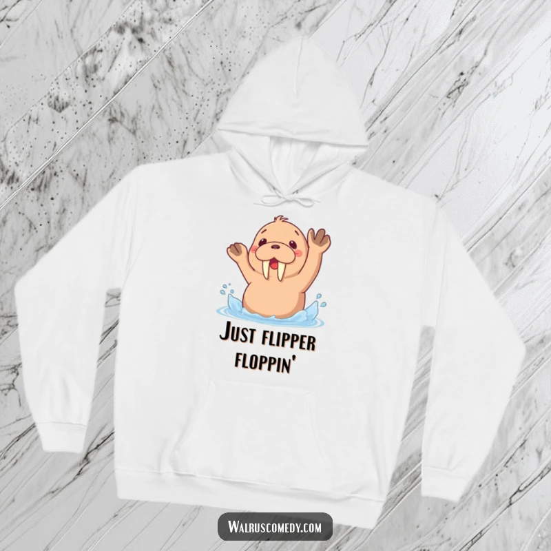 Funny hoodie with a cute kawaii walrus gleefully splashing water with its flippers, perfect for cozy, playful vibes.