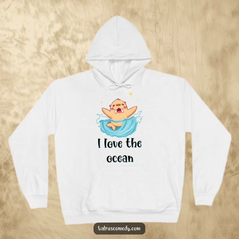 Funny Walrus Hoodie: An energetic walrus joyfully dives into a shimmering, sparkling ocean wave, looking exhilarated.
