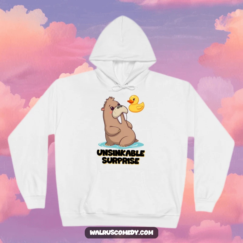 Funny hoodie depicting a walrus in utter surprise at a floating rubber duck, offering cozy comfort and comedic flair.