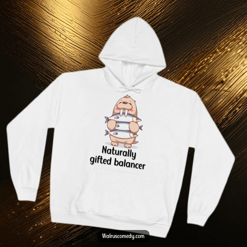 Funny Walrus Hoodie: A cute walrus character is illustrated balancing a large stack of many fish, looking quite pleased with its feat.