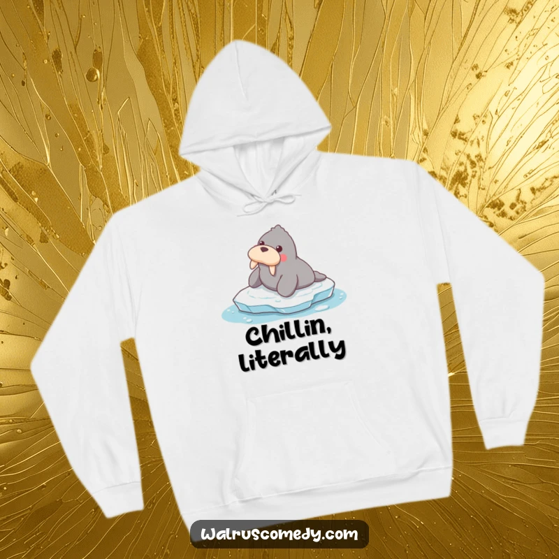 Funny hoodie with a cute walrus comically sliding on ice, perfect for cozying up with a dose of arctic humor.