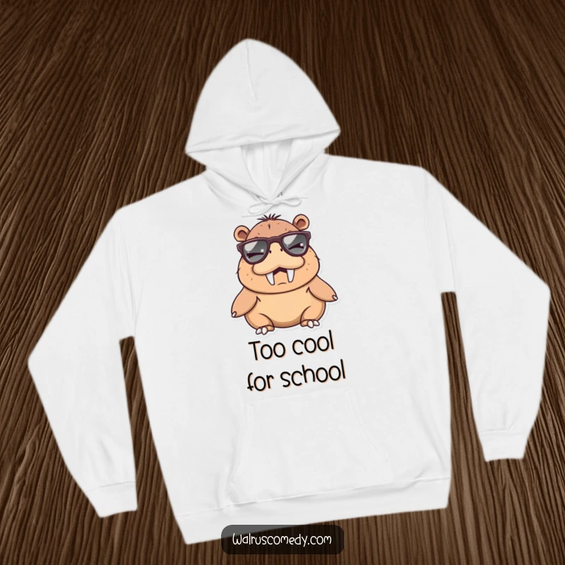 Funny winking walrus character sporting oversized sunglasses, featured on a warm hoodie for a humorous and cool look