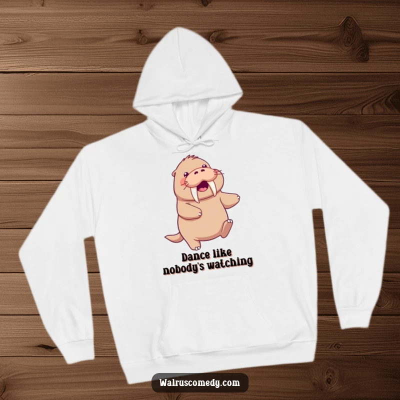 Funny kawaii walrus character doing a playful dance, tusks swinging, looking cozy and ready to move in a hoodie.