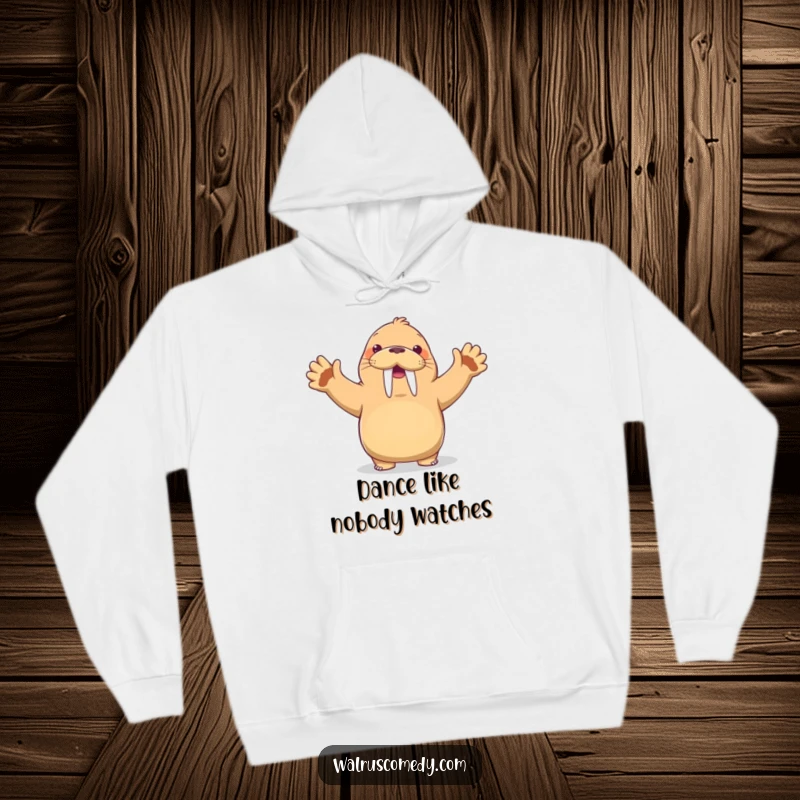 Funny Kawaii Walrus Hoodie: A walrus dances wildly with flippers in the air and a huge grin, designed for laughter and cozy comfort.