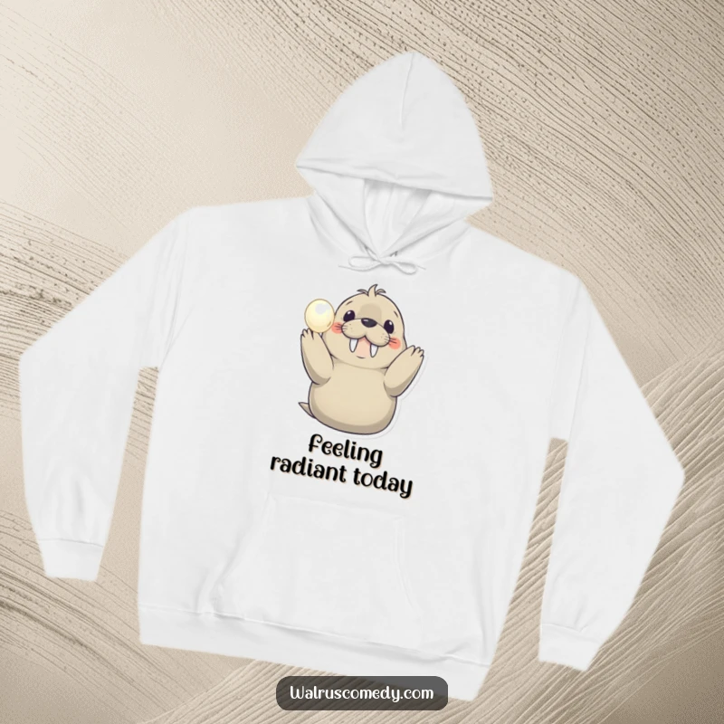 Funny hoodie with a happy walrus holding a shimmering pearl, perfect for staying warm while radiating a sense of joyful accomplishment.