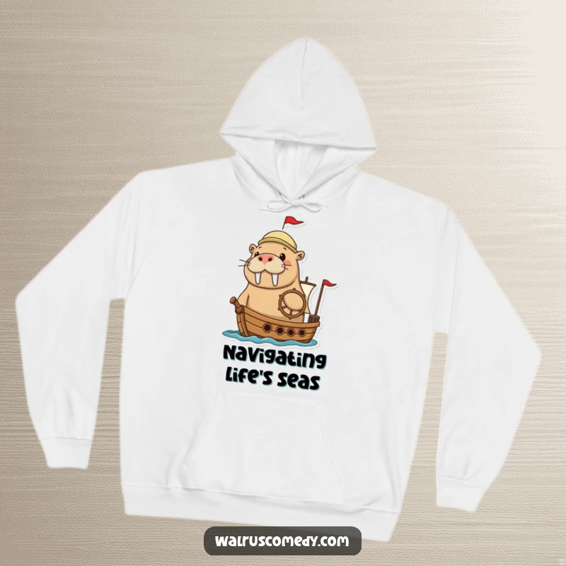 Funny walrus hoodie showing an adventurous walrus grinning while at the helm of a small ship, ready for adventure.