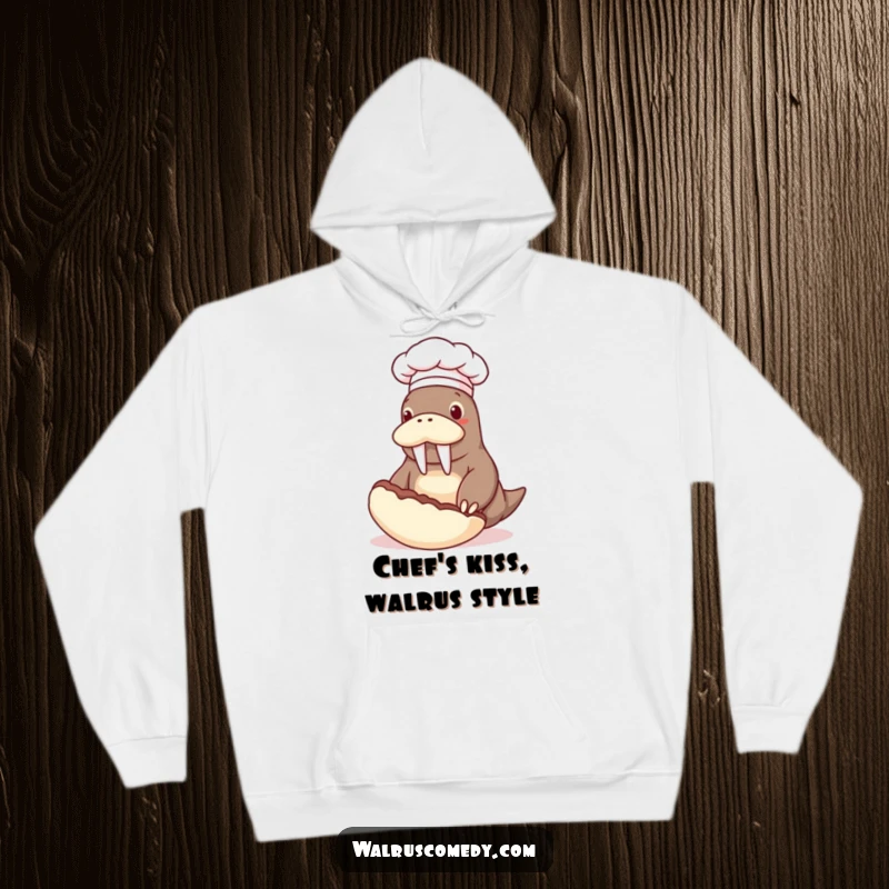 Funny hoodie depicting a walrus chef in a hat, enthusiastically flipping a giant clam, perfect for humorous culinary warmth.