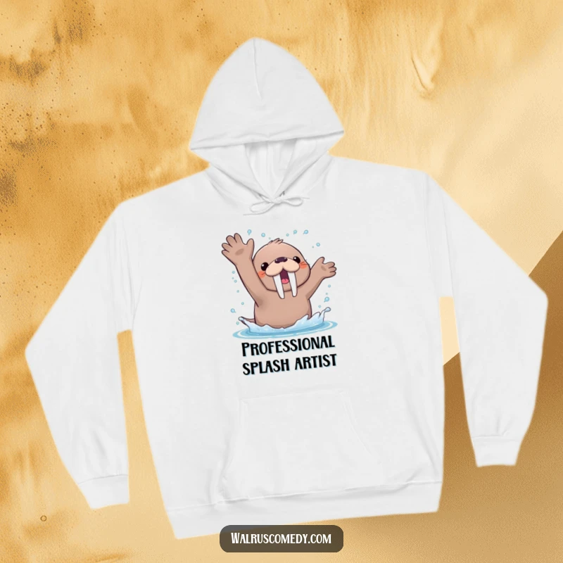 Funny Hoodie showcasing a kawaii walrus gleefully splashing water with its flippers, showering everyone with happy droplets.