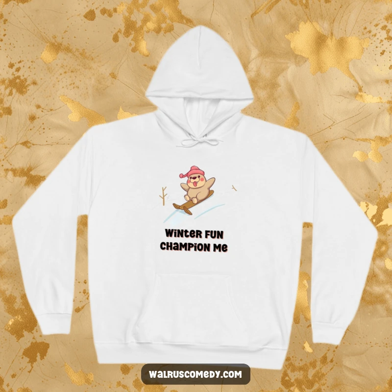 Funny hoodie featuring a walrus sliding down a snowy hill with immense glee, perfect for staying warm and humorous in winter.