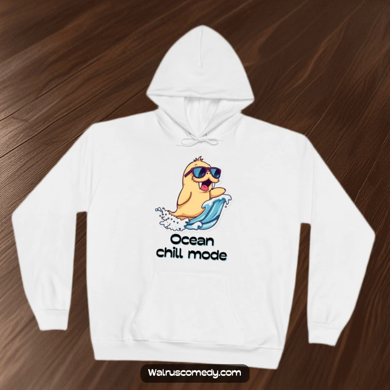 Funny walrus character hoodie wearing sunglasses, riding a wave with excitement, perfect for warmth and as a funny gift.