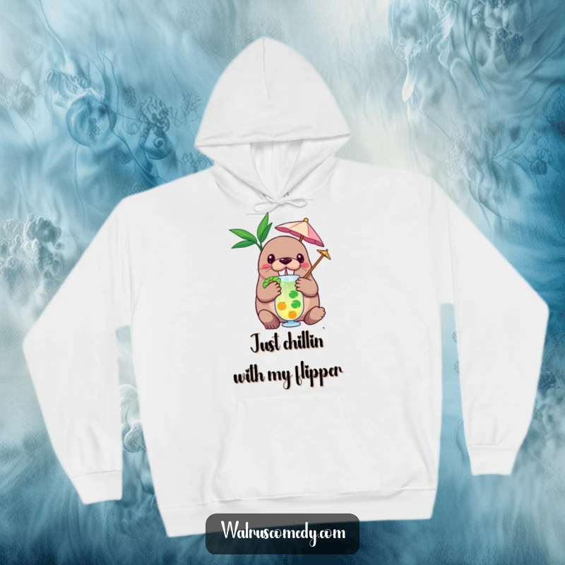 Funny hoodie showcasing a relaxed walrus with a tiny umbrella in a tropical cocktail, perfect for spreading humorous, warm vibes.