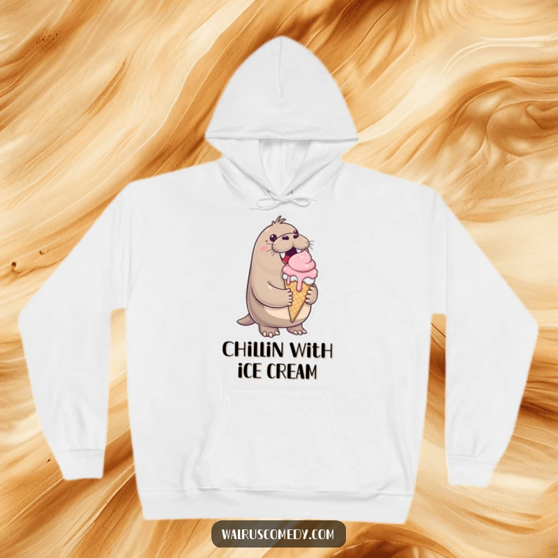 Funny hoodie, cheerful walrus, ice cream cone dripping, happy, cozy, perfect for sweet lovers, comfortable wear.