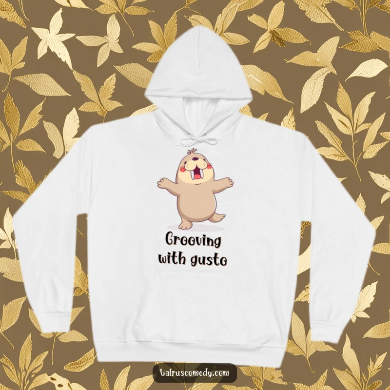 Funny hoodie, dancing walrus, flippers in the air, joyful, cozy, perfect for dancers, animal print.