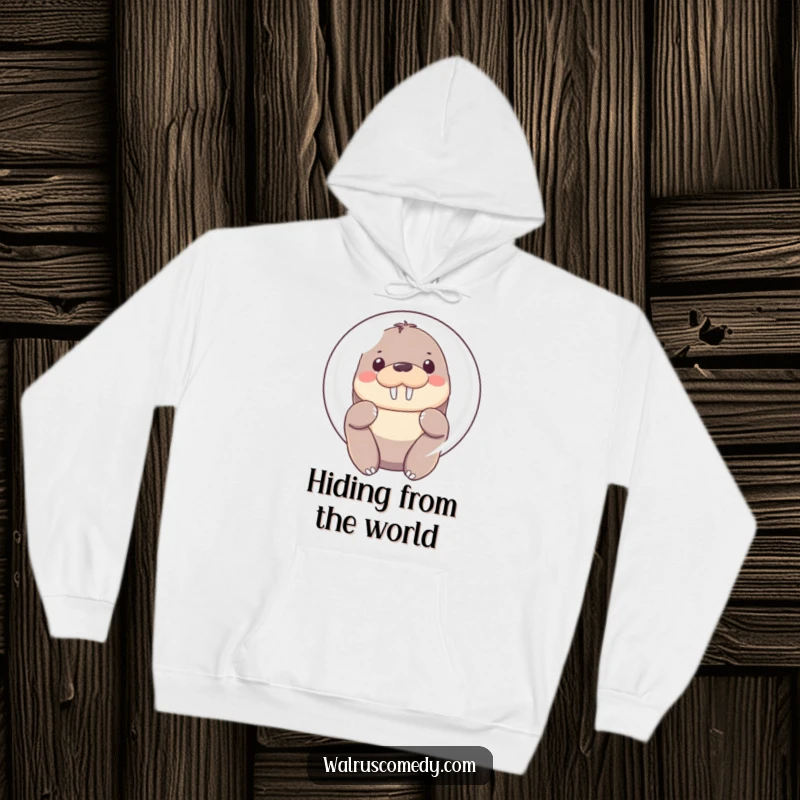 Funny Hoodie featuring a Kawaii walrus peeking shyly from behind a big, bright bubble, with soft, gentle eyes.