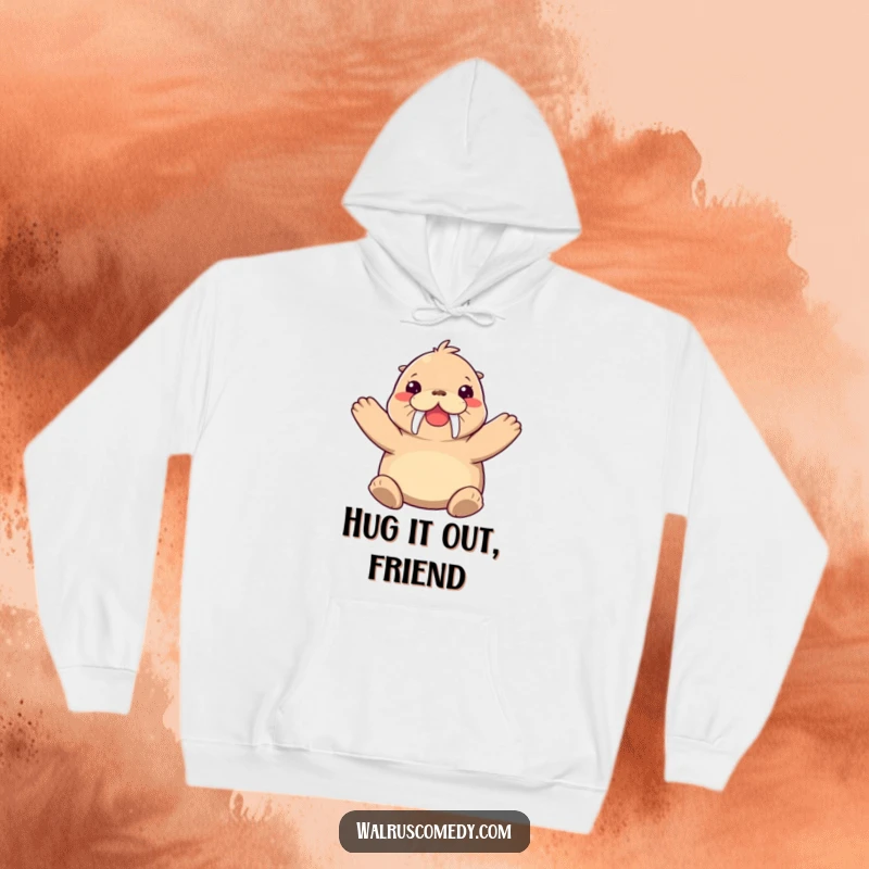 Funny walrus hoodie showing a happy walrus character offering a giant hug with its flippers wide open, symbolizing warmth.