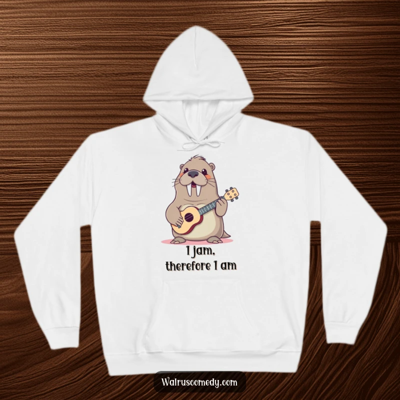 Funny walrus musician playing ukulele, cozy hoodie design with a smiling sea mammal, perfect for chilly weather and good vibes.