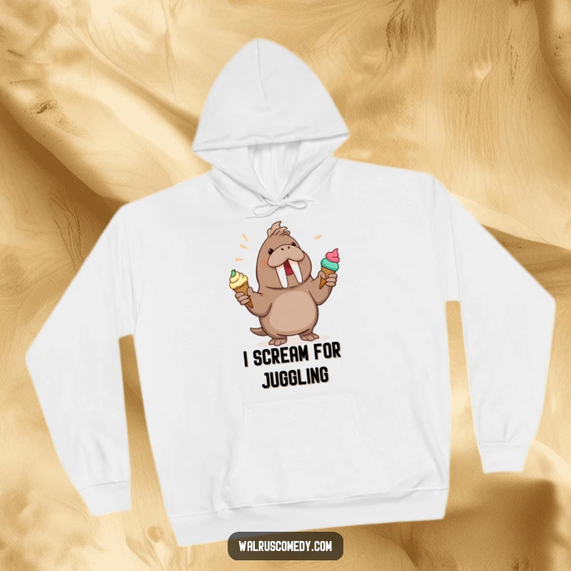 Funny Walrus Hoodie: An energetic walrus character juggles multiple ice cream cones, looking incredibly happy and playful.