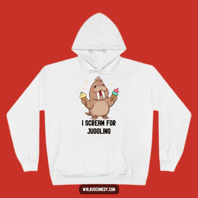 Cozy Funny Walrus Juggling Ice Cream Hoodie: Warm and Hilarious Gift