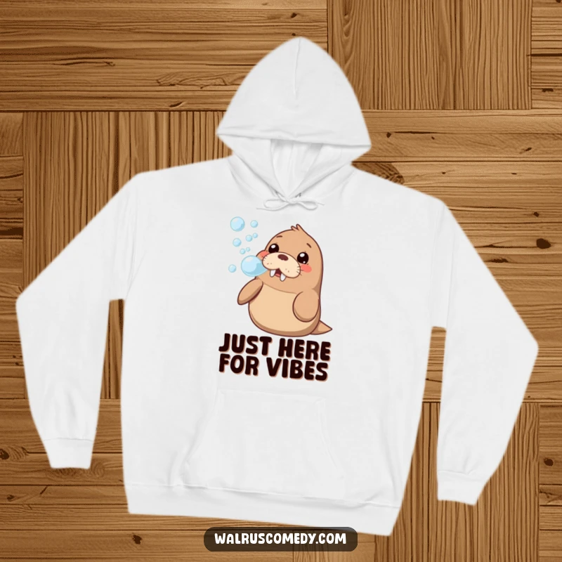 Funny kawaii walrus artwork blowing a stream of bubbles with a curious, happy gaze, featured on a soft, warm hoodie.