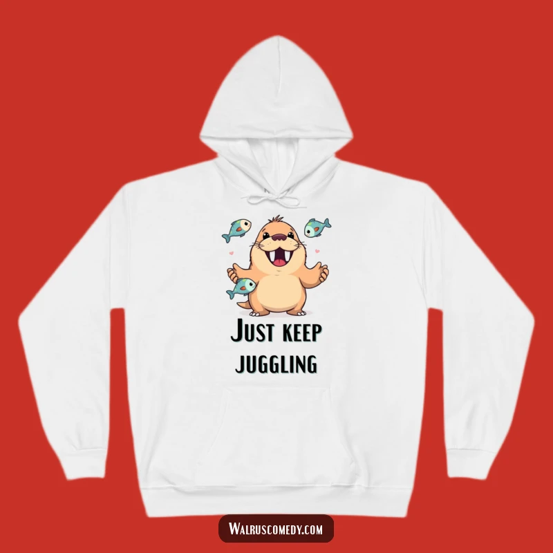 Funny Walrus Juggling Fish Hoodie: Happy Grin - Cozy Funny Gift Apparel