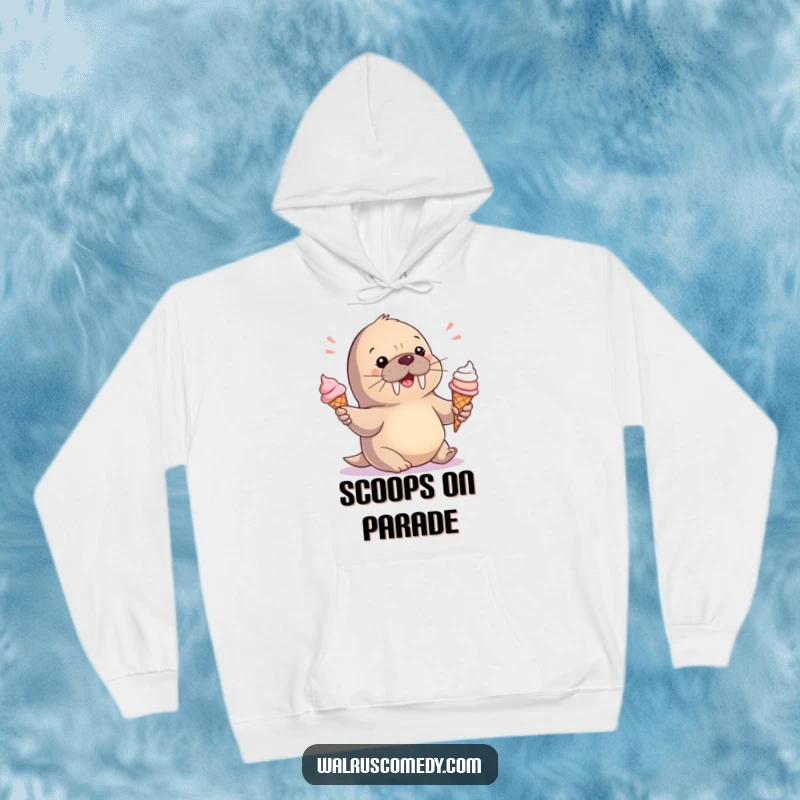 Funny Hoodie: An adorable baby walrus is playfully juggling ice cream cones, looking utterly charming and sweet.