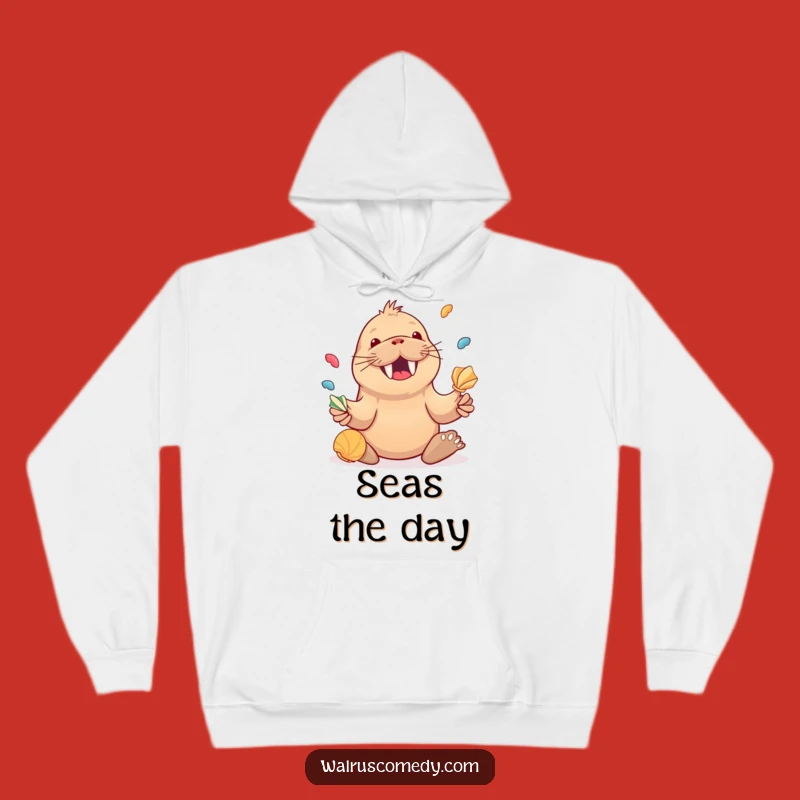 Funny Walrus Juggling Seashells Hoodie, Cozy Joyful Design, Ideal Funny Gift