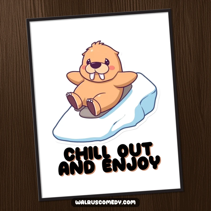 Funny Free Printable Wall Art: A kawaii walrus with a huge grin sliding gleefully down a smooth icy hill.