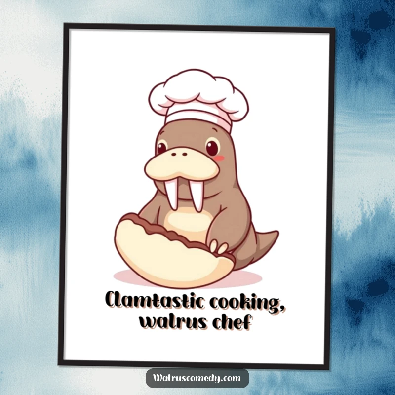 Funny Free Printable Wall Art: A walrus character in a chef hat expertly flipping a giant clam, a culinary masterpiece.