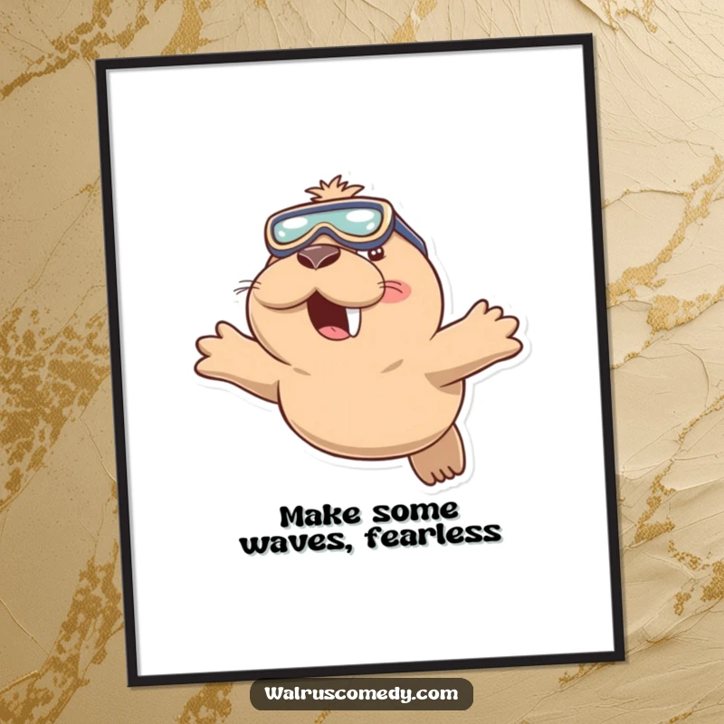 Funny Free Printable Wall Art of a happy walrus wearing goggles, diving gleefully into the water with a big, friendly smile and a splash.