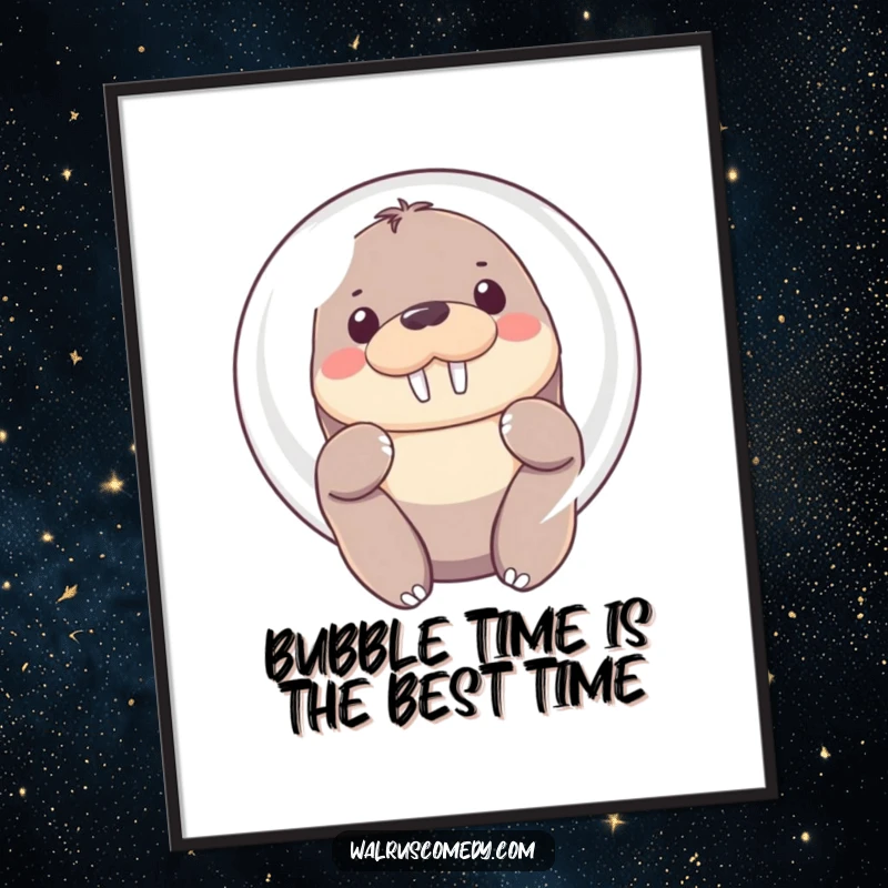 Funny Free Printable Kawaii Walrus Wall Art: shy walrus peeking from a large, bright bubble with soft, enchanting eyes.